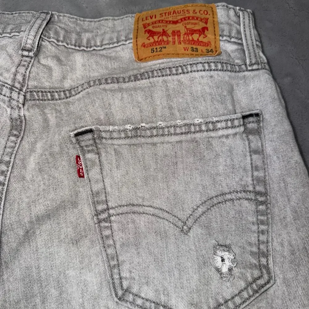 Levi’s 512 Slim Taper Jeans Men’s 33x34 Gray Wash Distressed Denim
